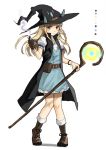  1girl belt black_hat blonde_hair boots bracelet brown_boots eyebrows_visible_through_hair green_eyes hat holding holding_staff jewelry long_hair looking_at_viewer original pine_(yellowpine112) sketch smile smoke solo staff test_tube wavy_mouth witch_hat 