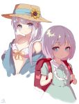  1girl backpack bag bikini blue_eyes blush eromanga_sensei hat highres izumi_sagiri long_hair looking_at_viewer pisuke ponytail purple_hair randoseru short_hair simple_background solo swimsuit white_background white_bikini 