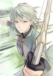  1boy bow_(weapon) fingerless_gloves fire_emblem fire_emblem:_seima_no_kouseki gloves grey_eyes grey_hair innes kiyuu long_hair male_focus solo upper_body weapon 