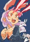  1girl :d animal_ears blazer blush bunny_tail buttons clenched_hands collared_shirt drooling eye_beam floating_hair hands_up heart heart-shaped_pupils hounori jacket leaning_forward long_hair long_sleeves looking_to_the_side necktie night night_sky open_mouth purple_hair rabbit_ears red_eyes red_necktie reisen_udongein_inaba saliva shirt sketch skirt sky smile solo star_(sky) starry_sky symbol-shaped_pupils tail tongue tongue_out touhou upper_body wing_collar 