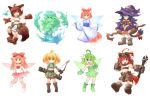  6+girls :d ahoge animal_ears arrow bare_shoulders bell belt_pouch beltbra black_hair blonde_hair blue_eyes boots bow bow_(weapon) brown_eyes brown_hair crop_top detached_sleeves dress elf fairy fairy_wings fang flat_chest fox_ears fox_tail gloves goggles goggles_on_head goo_girl green_dress green_eyes green_hair hair_bow hat japanese_clothes jingle_bell kimono kso long_hair looking_at_viewer midriff monster_girl multiple_girls navel open_mouth orange_eyes original paws pointy_ears quiver red_eyes redhead ribbon short_hair shorts simple_background smile staff tail tail_bell tail_ribbon twintails weapon white_background wings witch witch_hat wolf_ears wolf_tail wrench 