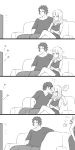  1boy 1girl absurdres anger_vein blush carmilla_(fate/grand_order) couch crossed_arms fate/grand_order fate_(series) highres hijikata_toshizou_(fate/grand_order) legs_crossed sena_ki_sei slap_mark watching_television whispering 