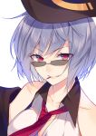  1girl aotetsu black_hat blue_hair breasts cleavage collarbone eyebrows_visible_through_hair girls_frontline hat large_breasts looking_at_viewer necktie parted_lips red_eyes red_necktie short_hair signature smile solo sunglasses teeth thompson_submachine_gun_(girls_frontline) upper_body 