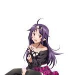  1girl :d ahoge between_legs black_legwear black_sweater collarbone hairband hand_between_legs jewelry long_hair looking_at_viewer necklace open_mouth pleated_skirt pointy_ears purple_hair purple_skirt red_eyes sitting skirt smile solo sweater sword_art_online thigh-highs transparent_background very_long_hair yuuki_(sao) zettai_ryouiki 
