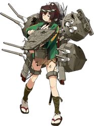  1girl alternate_costume brown_hair burnt_clothes cannon flight_deck game_cg hair_ribbon ise_(kantai_collection) japanese_clothes kantai_collection katana machinery nontraditional_miko official_art ponytail radar ribbon sandals shibafu_(glock23) skirt solo sword turret weapon 