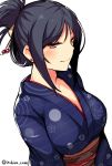  1girl black_hair blush brave_girl_ravens breasts brown_eyes cleavage closed_mouth ear_piercing folded_ponytail horosuke_(toot08) japanese_clothes kimono large_breasts long_sleeves looking_at_viewer obi piercing sash sidelocks smile solo twitter_username upper_body 