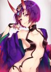  1girl bob_cut breasts fang fate/grand_order fate_(series) fujikiri_yana grey_background highres horns japanese_clothes kimono light_smile looking_at_viewer navel oni oni_horns open_clothes open_kimono purple_hair short_hair shuten_douji_(fate/grand_order) small_breasts solo violet_eyes 