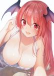  1girl bat_wings blush breasts cleavage collarbone dress fang head_wings koakuma large_breasts long_hair looking_at_viewer natsuki_(ukiwakudasai) open_mouth red_eyes redhead simple_background smile solo sweat touhou white_background white_dress wings 