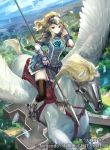  1girl arm_guards armor blonde_hair blue_dress clair_(fire_emblem) company_name dress feathers fire_emblem fire_emblem_cipher fire_emblem_echoes:_mou_hitori_no_eiyuuou helmet kawasumi_(japonica) long_hair official_art pegasus pegasus_knight polearm ponytail riding saddle short_dress shoulder_armor solo thigh-highs weapon 