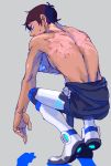  1boy back bodysuit dark_skin dark_skinned_male from_behind grey_background hyakujuu-ou_golion iria59 lance_(voltron) male_focus scar short_hair simple_background sitting solo squatting sweat voltron:_legendary_defender 