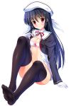  1girl amamiya_yuuko breasts cleavage closed_mouth ef feet full_body head_tilt highres long_hair looking_at_viewer medium_breasts no_shoes open_clothes red_eyes sitting smile soles solo thigh-highs toes very_long_hair yagami-all_hail_nanao 