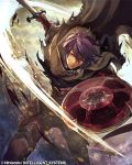  1boy armor armored_boots boots cape company_name deen_(fire_emblem) fire_emblem fire_emblem_cipher fire_emblem_echoes:_mou_hitori_no_eiyuuou gloves male_focus nij_24 official_art one_eye_closed purple_hair scar shield sky solo sword torn_clothes weapon 