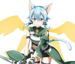  1girl animal_ears black_ribbon black_shorts blue_eyes blue_hair breastplate cat_ears cat_tail hair_between_eyes hair_ribbon holding_bow_(weapon) leaning_forward looking_at_viewer midriff navel ribbon shinon_(sao-alo) short_hair_with_long_locks short_shorts shorts sidelocks smile solo standing stomach sword_art_online tail thigh_strap transparent_background yellow_wings 