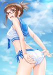  1girl adjusting_clothes adjusting_swimsuit akizuki_ritsuko artist_name ass brown_eyes brown_hair cowboy_shot day glasses idolmaster light_rays looking_back midriff miri_(ago550421) open_mouth outdoors red-framed_eyewear sailor_bikini sailor_collar sailor_swimsuit_(idolmaster) signature smile solo sunbeam sunlight swimsuit thighs 