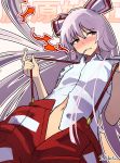  1girl bare_arms blush bow clenched_teeth collared_shirt dutch_angle eyebrows_visible_through_hair fire from_below fujiwara_no_mokou hair_between_eyes hair_bow hands_up head_tilt highres lavender_hair long_hair looking_to_the_side mouth_hold navel nose_blush open_pants pants parted_lips red_eyes red_pants shirt short_sleeves solo suspenders suspenders_pull taketora_suzume teeth torn_clothes torn_sleeves touhou twitter_username unzipped upper_body very_long_hair white_shirt wing_collar 