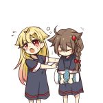  2girls :o alternate_costume artist_request blonde_hair braid brown_hair commentary_request cushion dress fang flying_sweatdrops gradient_hair hair_flaps hair_ornament hair_ribbon hairclip kantai_collection long_hair lowres multicolored_hair multiple_girls pajamas red_eyes remodel_(kantai_collection) ribbon shigure_(kantai_collection) single_braid sleepy sweatdrop younger yuudachi_(kantai_collection) 