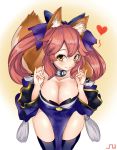  1girl animal_ears blue_legwear blush breasts cleavage collarbone detached_sleeves fang_out fate/extra fate/extra_ccc fate/grand_order fate_(series) fox_ears fox_shadow_puppet fox_tail gradient gradient_background hair_ribbon heart highres japanese_clothes large_breasts looking_at_viewer pink_hair ribbon s.u._(zxsa147852369) solo tail tamamo_(fate)_(all) tamamo_no_mae_(fate) yellow_eyes 