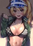  1girl blonde_hair blush breasts cleavage collarbone dark_skin eyebrows_visible_through_hair highres jewelry kiritani846 large_breasts long_hair long_sleeves looking_at_viewer navel necklace open_mouth original ponytail swimsuit teeth upper_body yellow_eyes 