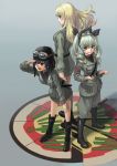  3girls absurdres adjusting_hair anchovy anzio_(emblem) anzio_military_uniform bangs belt black_boots black_hair black_ribbon black_shirt blonde_hair boots braid brown_eyes carpaccio closed_mouth dress_shirt drill_hair emblem food full_body girls_und_panzer goggles goggles_on_headwear green_eyes green_hair grey_jacket grey_pants grey_skirt grin hair_ribbon helmet highres holding jacket knee_boots knife leaning_forward long_hair long_sleeves looking_at_another looking_at_viewer looking_back military military_uniform miniskirt multiple_girls open_mouth pants pencil_skirt pepperoni_(girls_und_panzer) pizza red_eyes ribbon riding_crop shading_eyes shadow shirt short_hair shoulder_belt side_braid skirt smile smirk standing t@kuyoa twin_drills twintails uniform 