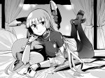  bangs barefoot blunt_bangs blush book breasts commentary_request dress failure_penguin gloves greyscale hair_ribbon headgear highres holding holding_book kantai_collection long_hair looking_at_viewer lying monochrome murakumo_(kantai_collection) off_shoulder on_bed on_stomach pantyhose ribbon sailor_dress short_eyebrows sidelocks skin_tight sleeves_folded_up thighband_pantyhose tress_ribbon yoshika_fuumi 