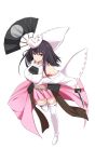  1girl bare_shoulders black_hair boots breasts detached_sleeves fan fox_mask full_body holding holding_fan holding_weapon japanese_clothes kichihachi kubota_(oshiro_project) large_breasts long_hair looking_at_viewer mask midriff nontraditional_miko oshiro_project oshiro_project_re pink_skirt pleated_skirt short_sword skirt sword thigh-highs thigh_boots transparent_background violet_eyes weapon 