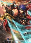  2boys armor belt blue_eyes blue_hair cape commentary_request company_connection copyright_name fingerless_gloves fire_emblem fire_emblem:_akatsuki_no_megami fire_emblem:_souen_no_kiseki fire_emblem_cipher gloves glowing glowing_weapon headband helmet holding holding_sword holding_weapon ike kuroba.k looking_at_viewer male_focus multiple_boys muscle official_art open_mouth pants polearm red_cape short_hair shoulder_armor sleeveless spear sword weapon 