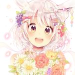  1girl :d absurdres animal_ears bare_shoulders bouquet bow brown_eyes flower food fruit grapes hair_bow hair_ornament hairclip head_tilt highres looking_at_viewer niikura_kaori open_mouth original short_hair sketch smile solo strawberry upper_body white_background white_hair 