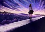  1girl bag black_hair black_legwear black_skirt city clouds cloudy_sky duffel_bag facing_away from_behind horizon kneehighs looking_away original sakeharasu short_hair skirt sky sunset water 