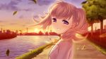  1girl blush looking_at_viewer looking_back original outdoors parted_lips pink_hair smile solo sun sunset tsuyuta twintails upper_body violet_eyes wind 