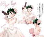  1girl boku_no_hero_academia bouquet bride dress earrings flower genderswap genderswap_(mtf) gloves gun handgun jewelry midoriya_izuku rose short_hair silverstar017 strapless strapless_dress translation_request weapon wedding_dress white_dress white_rose 