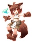  1girl :d ahoge animal_ears bare_shoulders belt_pouch boots brown_hair crop_top fang full_body gloves kso looking_at_viewer midriff navel open_mouth orange_eyes original paws shorts simple_background smile solo tail white_background wolf_ears wolf_tail 