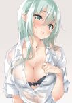  1girl aqua_eyes aqua_hair bangs black_bow black_bra blush bow bow_bra bra breasts cleavage collarbone collared_shirt ebifurya eyebrows_visible_through_hair grey_background hair_between_eyes head_tilt highres kantai_collection long_hair looking_at_viewer medium_breasts open_clothes open_mouth open_shirt partially_unbuttoned see-through shirt sidelocks simple_background sleeves_folded_up solo suzuya_(kantai_collection) sweat underwear upper_body wet wet_clothes wet_shirt white_shirt 