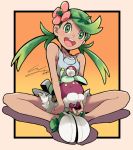  1girl :d apron blush dark_skin flower flower_on_head full_body green_eyes green_hair hair_flower hair_ornament io_naomichi looking_at_viewer mallow_(pokemon) open_mouth overalls poke_ball pokemon pokemon_(creature) pokemon_(game) pokemon_sm shoes sitting smile solo teeth trial_captain twintails 