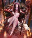  1girl artist_request barefoot bathtub black_hair black_nails bloody_mary_(shingeki_no_bahamut) candle castle claws crown cygames holding holding_sword holding_weapon horn long_hair nail_polish nightgown official_art pale_skin partially_submerged petals red_eyes scales scar shadowverse shingeki_no_bahamut sitting sword throne weapon 