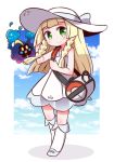  1girl arm_up bag bangs bare_shoulders blonde_hair blue_ribbon blue_shoes blue_sky blunt_bangs blush braid chibi closed_mouth clouds collarbone collared_dress commentary_request cosmog day dress duffel_bag green_eyes hat hat_ribbon kneehighs lillie_(pokemon) long_hair looking_at_viewer naga_u outdoors outside_border poke_ball_theme pokemon pokemon_(creature) pokemon_(game) pokemon_sm ribbon see-through shoes sky sleeveless sleeveless_dress smile standing sun_hat sundress twin_braids white_border white_dress white_hat white_legwear 
