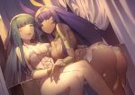  2girls animal_ears ass bangs bare_shoulders bending_forward bianyuanqishi blunt_bangs blush bracelet breasts cleopatra_(fate/grand_order) collarbone cowboy_shot curtains dark_skin dutch_angle earrings egyptian egyptian_clothes erect_nipples eyebrows_visible_through_hair facial_mark fate/grand_order fate_(series) green_eyes green_hair hair_between_eyes hair_ornament hairband hoop_earrings jewelry large_breasts lips long_hair looking_at_viewer multiple_girls navel nitocris_(fate/grand_order) open_mouth purple_hair revealing_clothes shiny shiny_skin sideboob sidelocks sitting thighs under_boob very_long_hair violet_eyes wet 