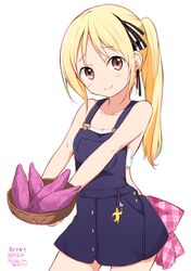  1girl artist_name bangs basket blonde_hair blush brown_eyes closed_mouth collarbone dated eyebrows_visible_through_hair food hair_ribbon holding holding_food long_hair looking_at_viewer manda_rin overalls potato ragho_no_erika ribbon signature simple_background smile solo sukurizo! white_background 