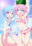  2girls bare_shoulders beach bikini blue_eyes blue_hair blush food fruit innertube kagerou_(kers) long_hair looking_at_viewer multiple_girls navel neptune_(series) ocean one-piece_swimsuit open_mouth pink_hair power_symbol ram_(choujigen_game_neptune) rom_(choujigen_game_neptune) smile swimsuit symbol-shaped_pupils watermelon white_sister_ram white_sister_rom 