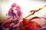  1girl artist_request bare_shoulders breasts cleavage forehead lens_flare long_hair low_twintails polearm purple_hair quan_zhi_gao_shou signature soft_mist solo spear twintails violet_eyes weapon 