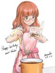  1girl apron book bow brown_eyes brown_hair character_name collarbone cookbook dated eyebrows_visible_through_hair girls_und_panzer glasses happy_birthday holding holding_book ladle looking_away medium_hair open_book pink_apron pink_bow pink_ribbon pot ribbon shamakho short_sleeves signature takebe_saori 