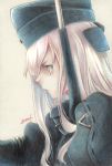  1girl blue_eyes commentary eyelashes frown garrison_cap hat highres kantai_collection long_hair millipen_(medium) profile signature silver_hair solo tesun_(g_noh) texture traditional_media u-511_(kantai_collection) upper_body watercolor_(medium) watercolor_pencil_(medium) 