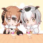  2girls :o black_hair blush brown_hair cherry coat eurasian_eagle_owl_(kemono_friends) food fruit fur_collar hair_between_eyes hand_on_own_cheek head_wings holding holding_spoon japari_symbol kemono_friends kotomi_(happy_colors) long_sleeves multicolored_hair multiple_girls northern_white-faced_owl_(kemono_friends) pudding short_hair sparkling_eyes spoon_in_mouth sweets triangle_mouth twitter_username upper_body whipped_cream white_hair 