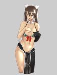  1girl adapted_costume asymmetrical_legwear bikini black_gloves breasts brown_eyes brown_hair collarbone detached_collar elbow_gloves gloves green_bikini grey_background hair_between_eyes hair_tie hand_on_own_chest highres kantai_collection long_hair looking_at_viewer navel open_mouth simple_background single_glove small_breasts solo swimsuit taka_(vert_320) tone_(kantai_collection) twintails upper_body 