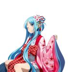  1girl ;) asuna_(sao-alo) blue_eyes blue_hair bow closed_eyes flower hair_flower hair_ornament hair_ribbon japanese_clothes kimono long_hair one_eye_closed pink_flower pointy_ears red_bow red_ribbon ribbon sitting smile solo sword_art_online thigh_strap transparent_background very_long_hair 