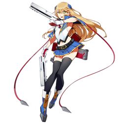  armpits blazblue blonde_hair dual_wielding girls_frontline gloves green_eyes gun handgun infukun long_hair looking_at_viewer noel_vermillion official_art open_mouth pistol solo thigh-highs weapon 