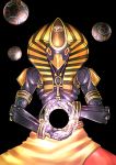  1boy absurdres alternate_costume ankh black_background egyptian_clothes highres humanoid_robot male_focus mask mechanical_arm orb overwatch simple_background solo sunyatta upper_body zenyatta_(overwatch) 