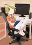  1girl :&lt; barefoot blonde_hair blush book chair collarbone computer desk drawer eyebrows_visible_through_hair holding holding_book ichii_yui looking_at_viewer medium_hair monitor okayparium open_book sitting solo yellow_eyes yuyushiki 