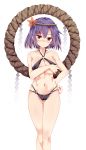  1girl bangs bare_shoulders bikini black_bikini blush breasts collarbone covering covering_breasts hair_ornament highres leaf_hair_ornament looking_at_viewer maturiuta_sorato medium_breasts navel o-ring_bikini o-ring_bottom o-ring_top purple_hair red_eyes rope shimenawa simple_background solo standing swimsuit touhou white_background yasaka_kanako 