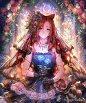  1girl bare_shoulders black_dress blue_rose bride brown_hair ceres_(shingeki_no_bahamut) company_name dress earrings facial_scar flower glint gloves hair_flower hair_ornament head_tilt highres holding holding_flower jewelry lace lace_gloves looking_at_viewer necklace official_art okada_manabi parted_lips red_rose rose scar shingeki_no_bahamut shirt sleeveless sleeveless_shirt smile solo stained_glass violet_eyes watermark 