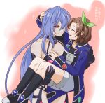  2girls bare_shoulders blue_hair blush bow breasts brown_hair carrying female flauschtraut hair_ornament hand_on_another&#039;s_chest hand_on_another&#039;s_head if_(choujigen_game_neptune) iris_heart long_hair looking_at_another multiple_girls neptune_(series) open_mouth princess_carry purple_hair pururut red_eyes smile symbol-shaped_pupils very_long_hair yuri 